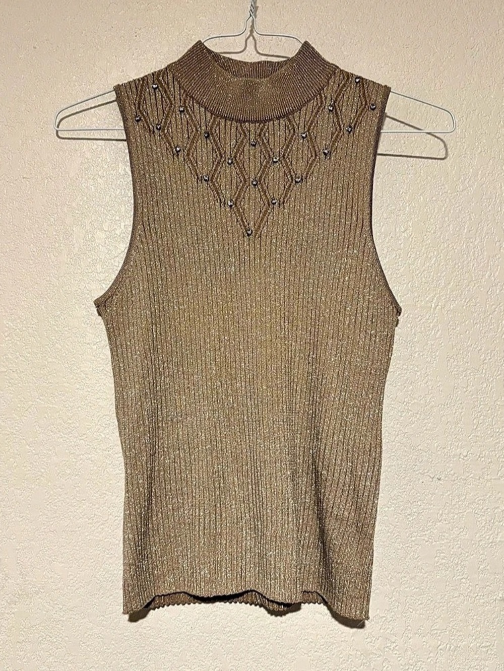 Shimmery Embellished Ribbed Tank in Tan XL Mock Neck